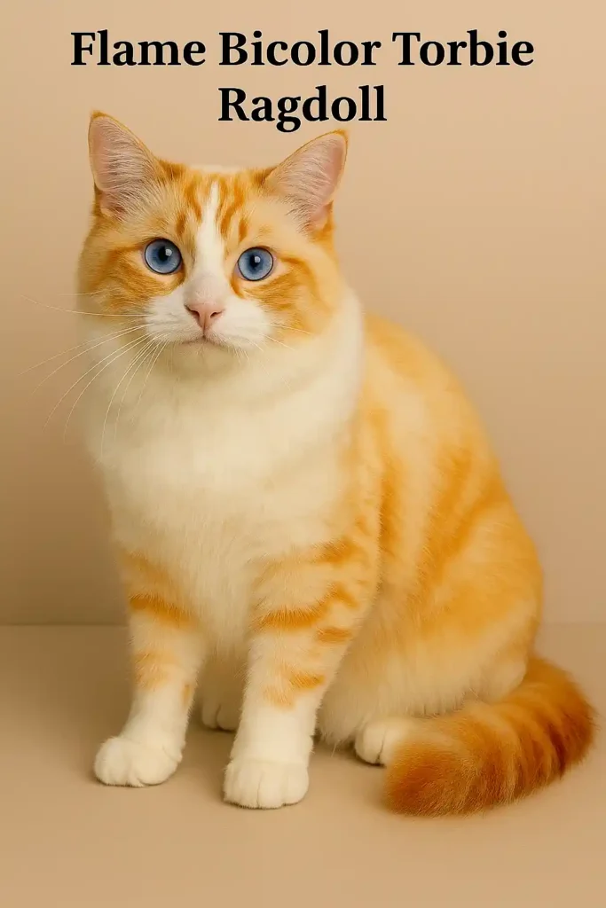 Flame Point Ragdoll cat with blue eyes, bicolor torbie pattern, soft cream coat, and orange tabby markings sitting on a beige background