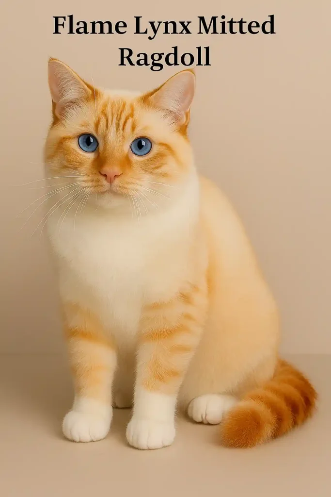 Flame Lynx Mitted Ragdoll cat with vivid blue eyes, soft cream coat, orange tabby point markings, and white mittens, sitting on a neutral background