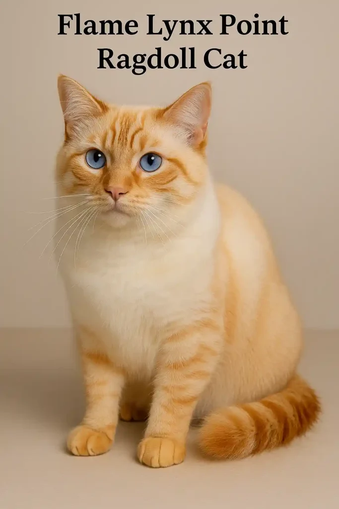 Flame Lynx Point Ragdoll cat with bright blue eyes, creamy white fur, and orange tabby markings sitting on a neutral background