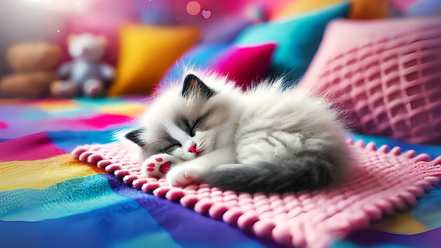 Black and white Ragdoll kitten with closed eyes sitting on a colorful bed