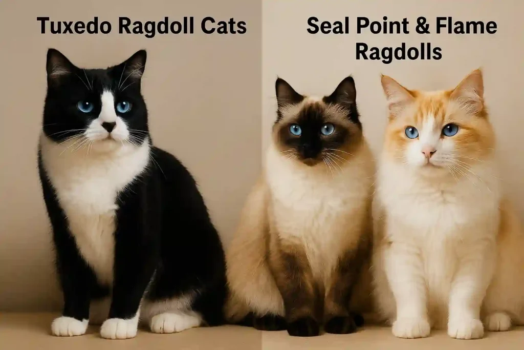 Beautiful black and white tuxedo, seal point & flame Ragdoll cat with white chest and paws
