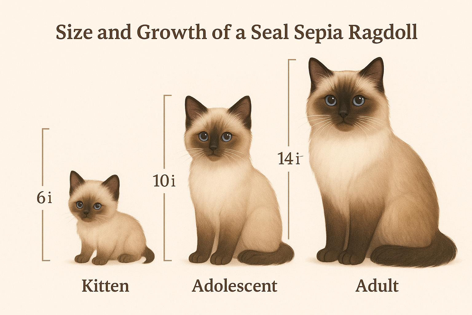 Kitten, adolescent, and adult Seal Sepia Ragdolls.