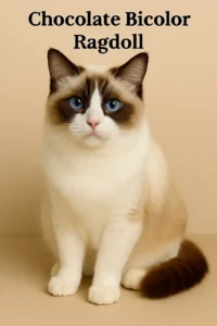 Chocolate bicolor ragdoll with white face and chocolate ears.
