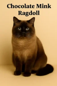 Chocolate mink ragdoll with rich brown coat and green eyes.