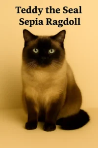 Seal sepia ragdoll with dark brown coat and green eyes.